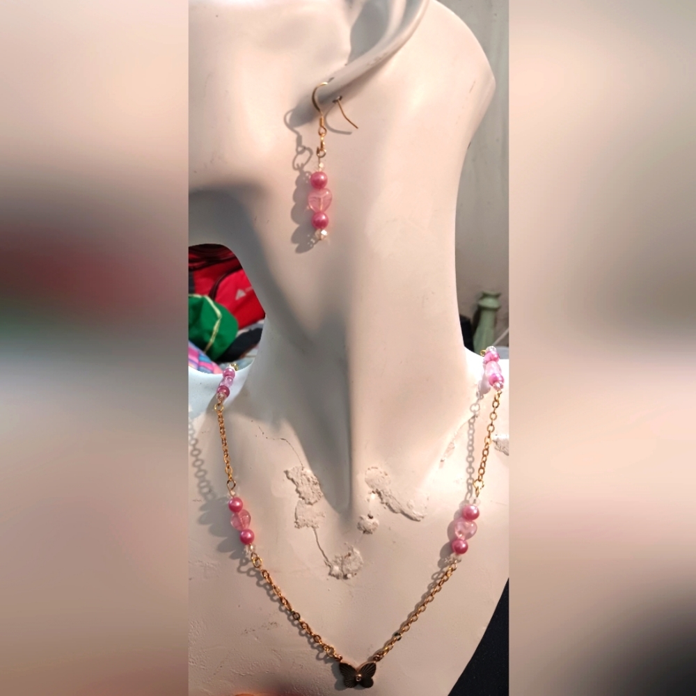 Hand crafted pink and gold necklace/earrings set by Colorful Creations.